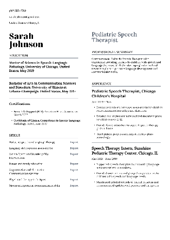 Pediatric Speech Therapist  Resume
