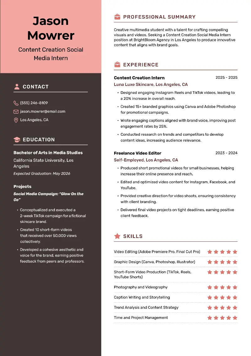 Content Creation Social Media Intern Resume Content Creation Social Media Intern Resume