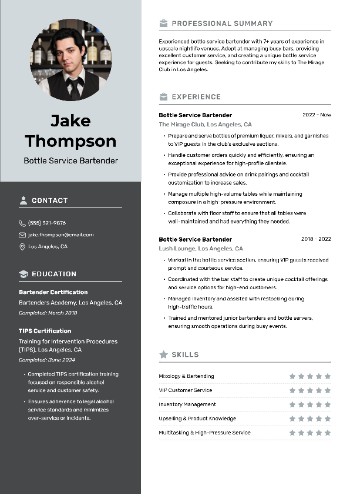 Bottle Service Bartender Resume