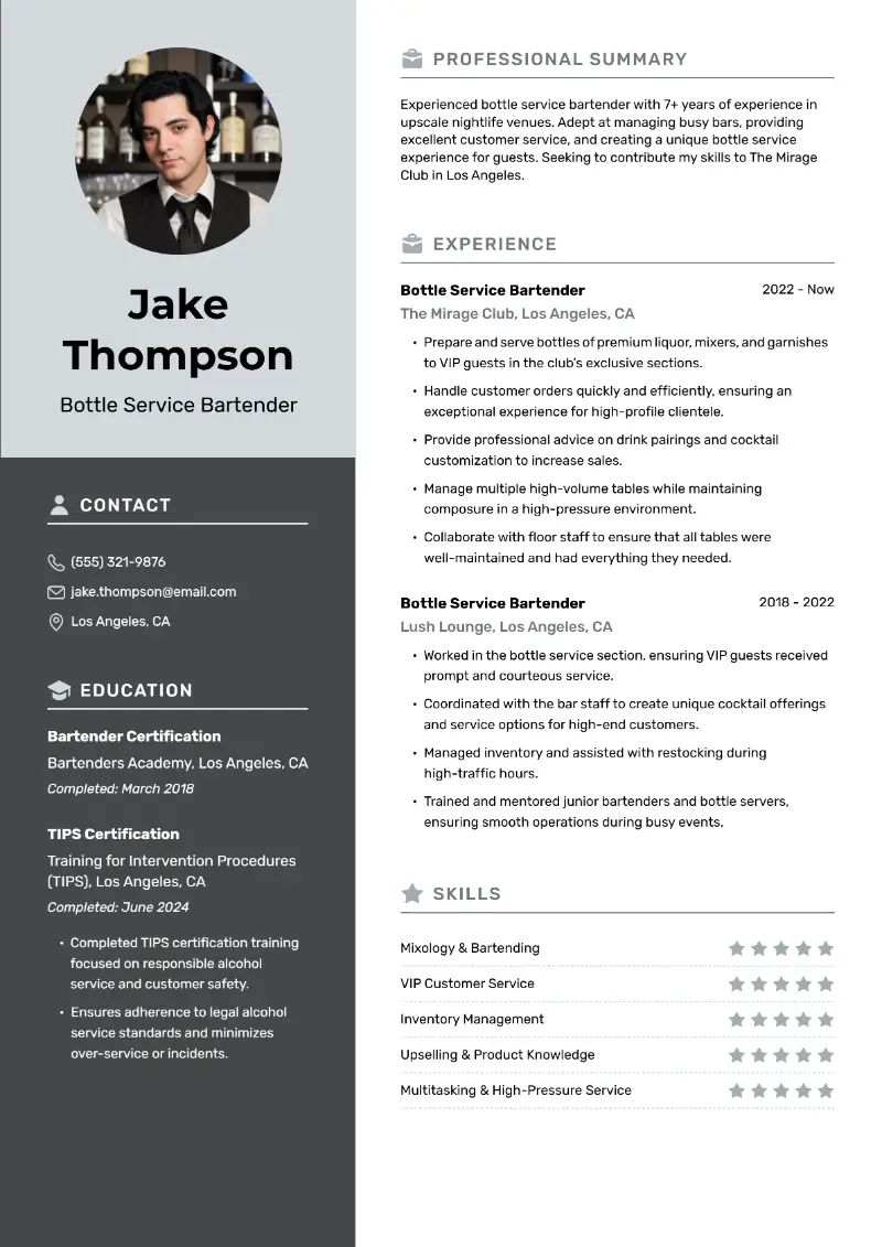 Bottle Service Bartender Resume