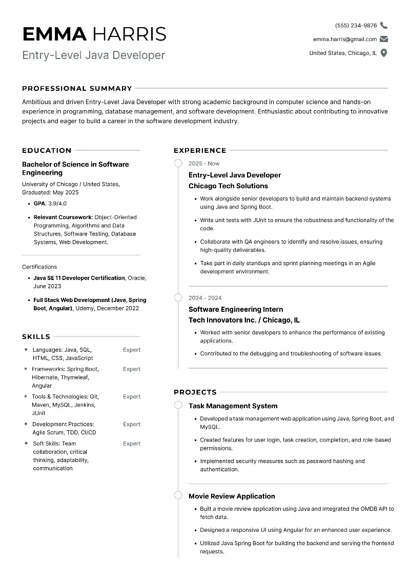 Entry-Level Java Developer Resume Examples for 2025
