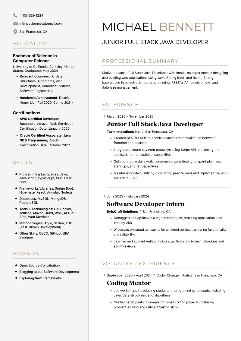 Junior Full Stack Java Developer  Resume