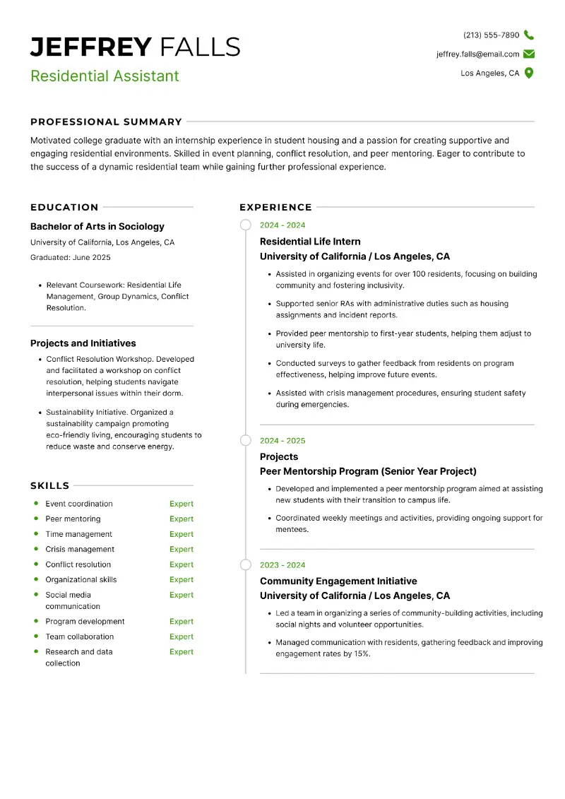 Residential Assistant Resume