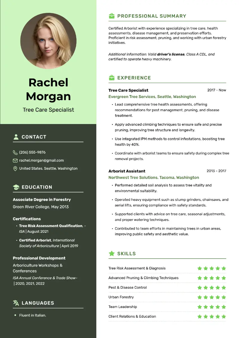Tree Care Specialist Resume