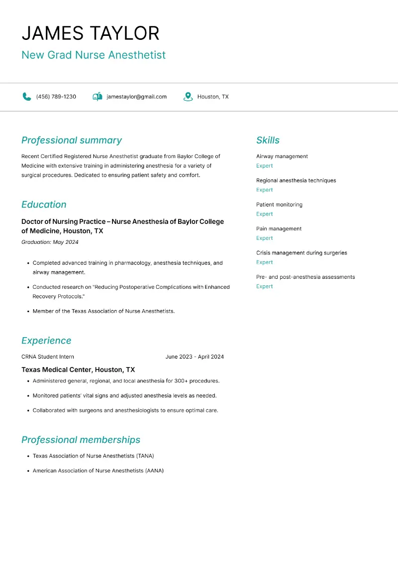 New Grad Nurse Anesthetist  Resume