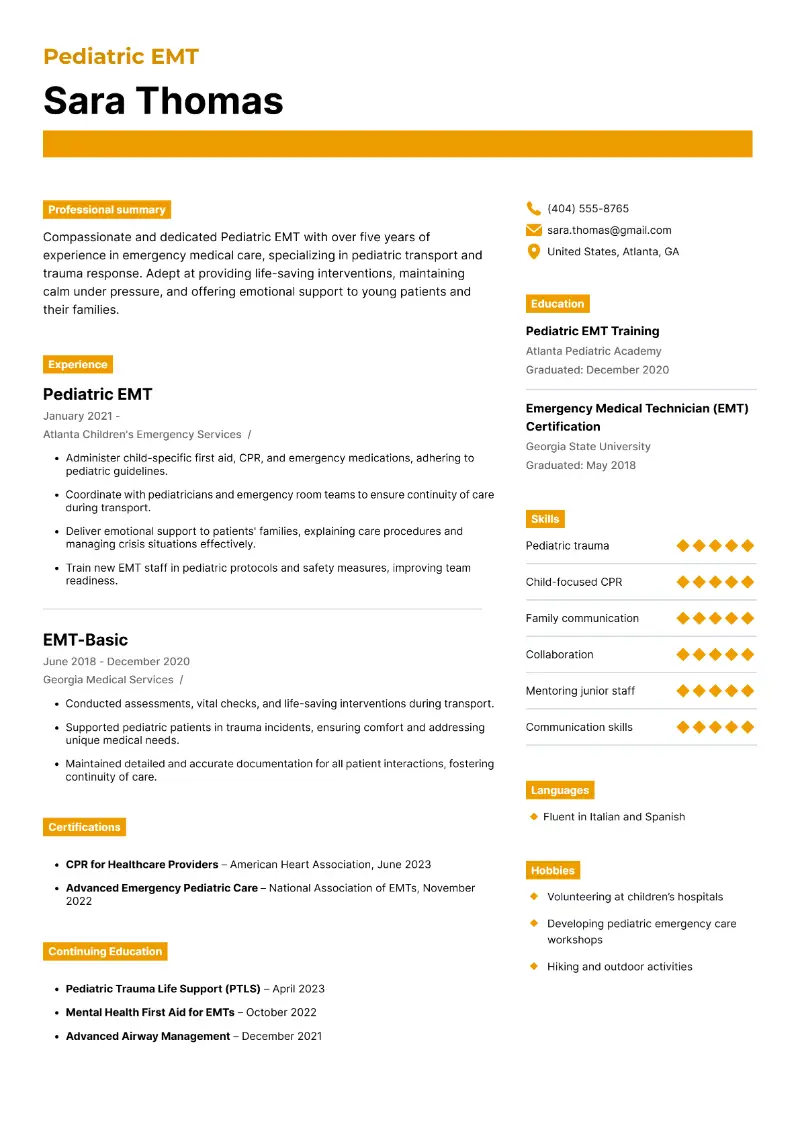 Pediatric EMT Resume
