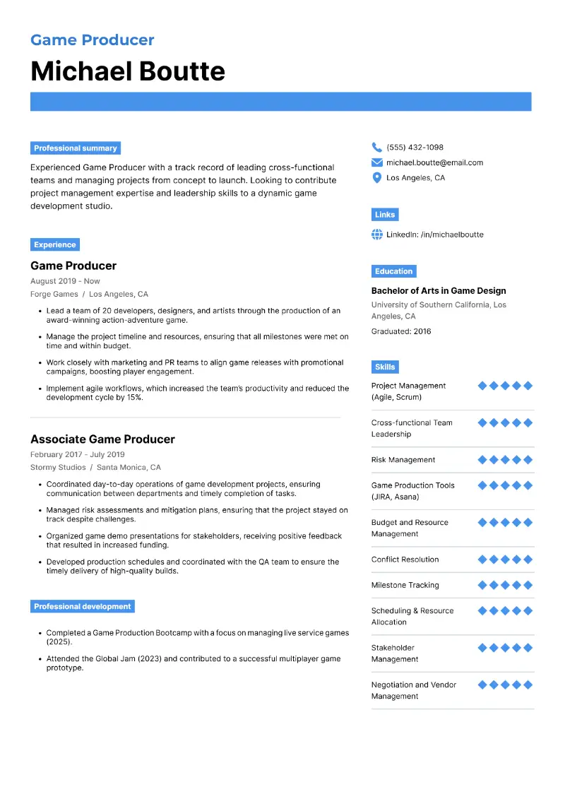 Game Producer Resume Game Producer Resume
