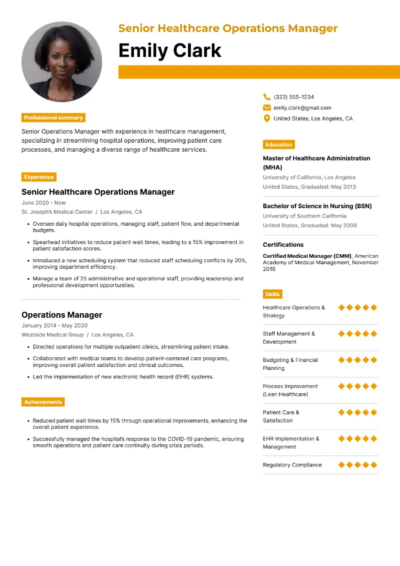 Senior Healthcare Operations Manager Resume