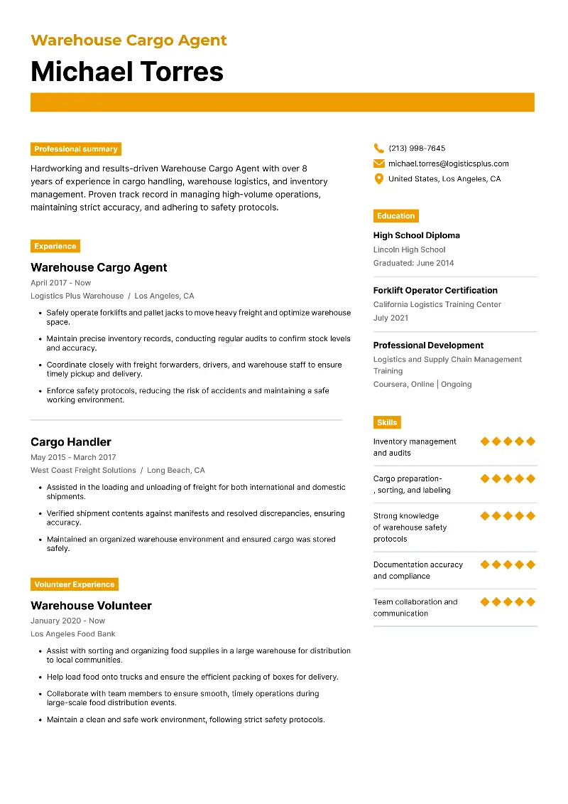 Warehouse Cargo Agent  Resume