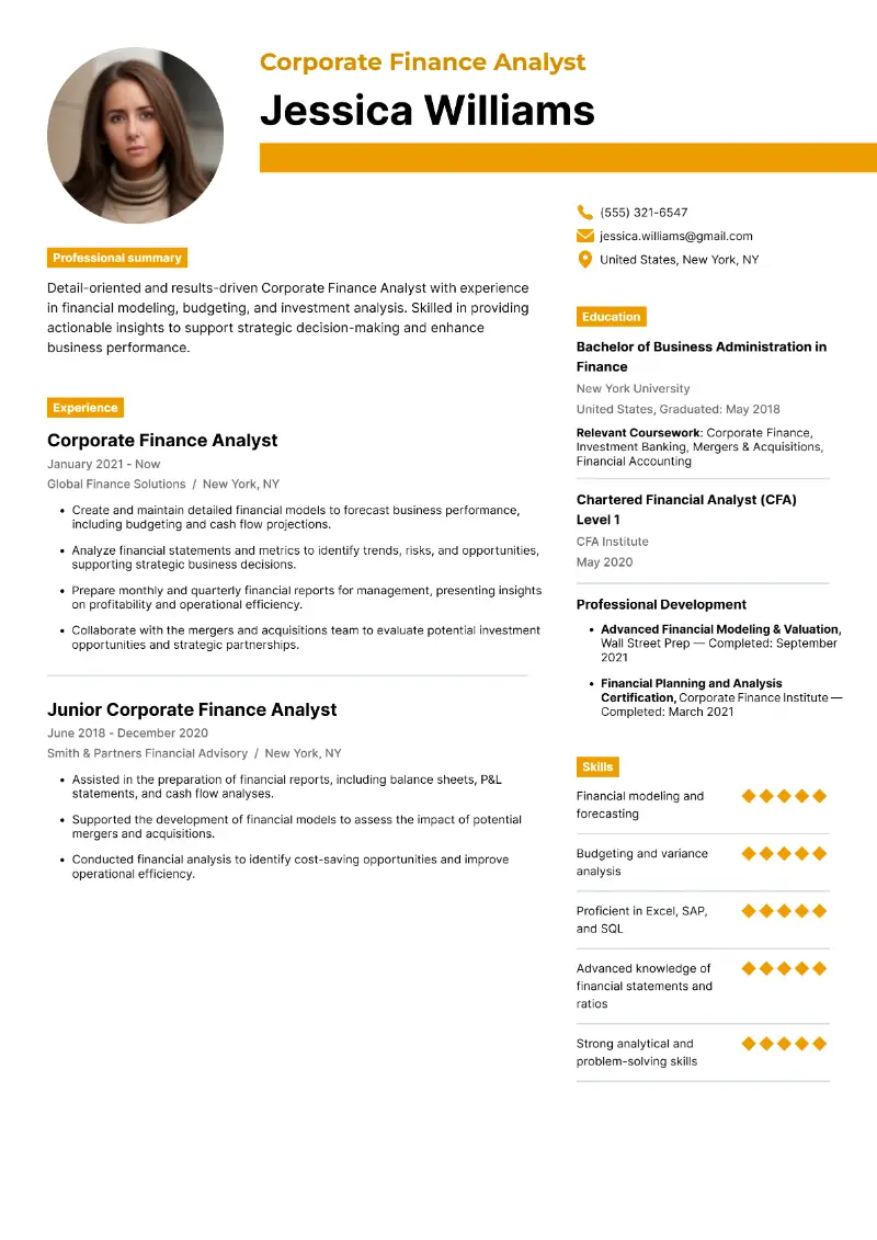 Corporate Finance Analyst Resume Corporate Finance Analyst Resume
