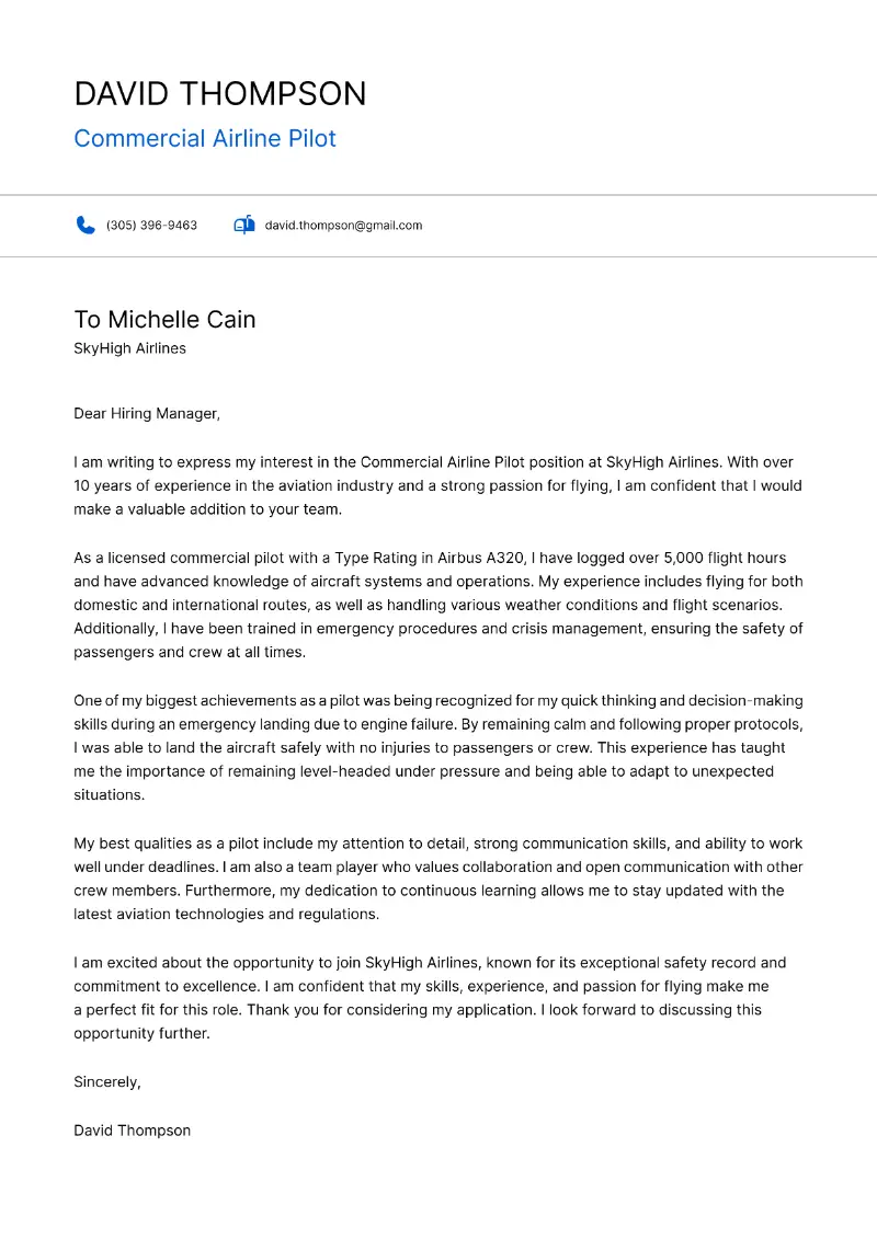 Commercial Airline Pilot Cover Letter