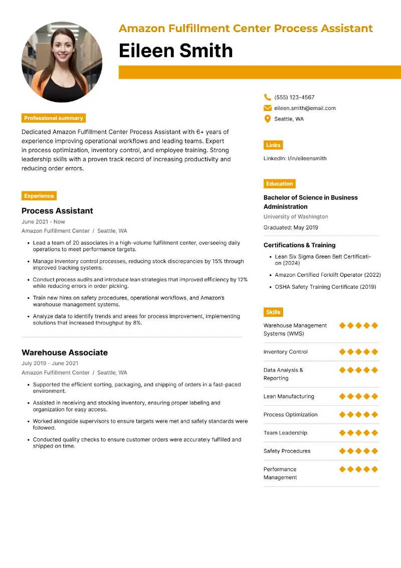 Amazon Process Assistant Resume Examples and Tips