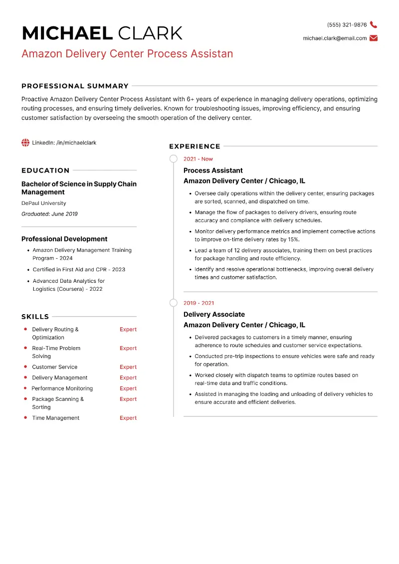 Amazon Delivery Center Process Assistan Resume