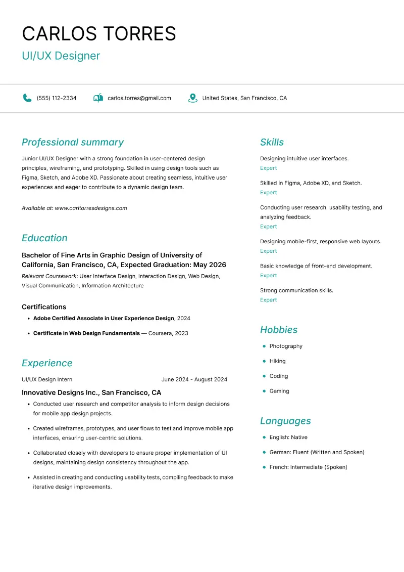 UI/UX Designer Resume UI/UX Designer Resume
