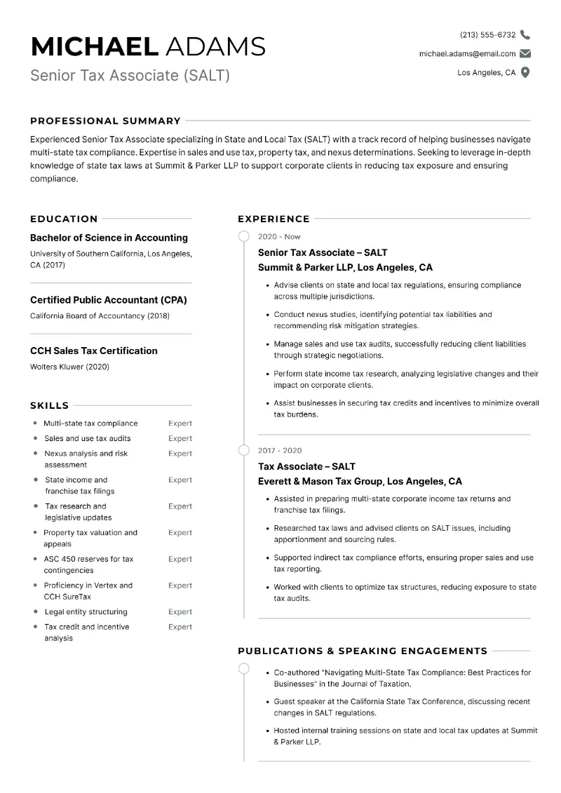 Senior Tax Associate (SALT) Resume
