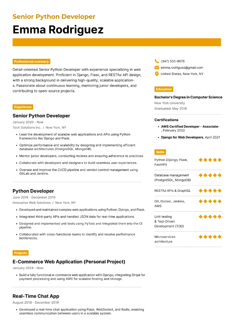 Senior Python Developer Resume Examples for 2025