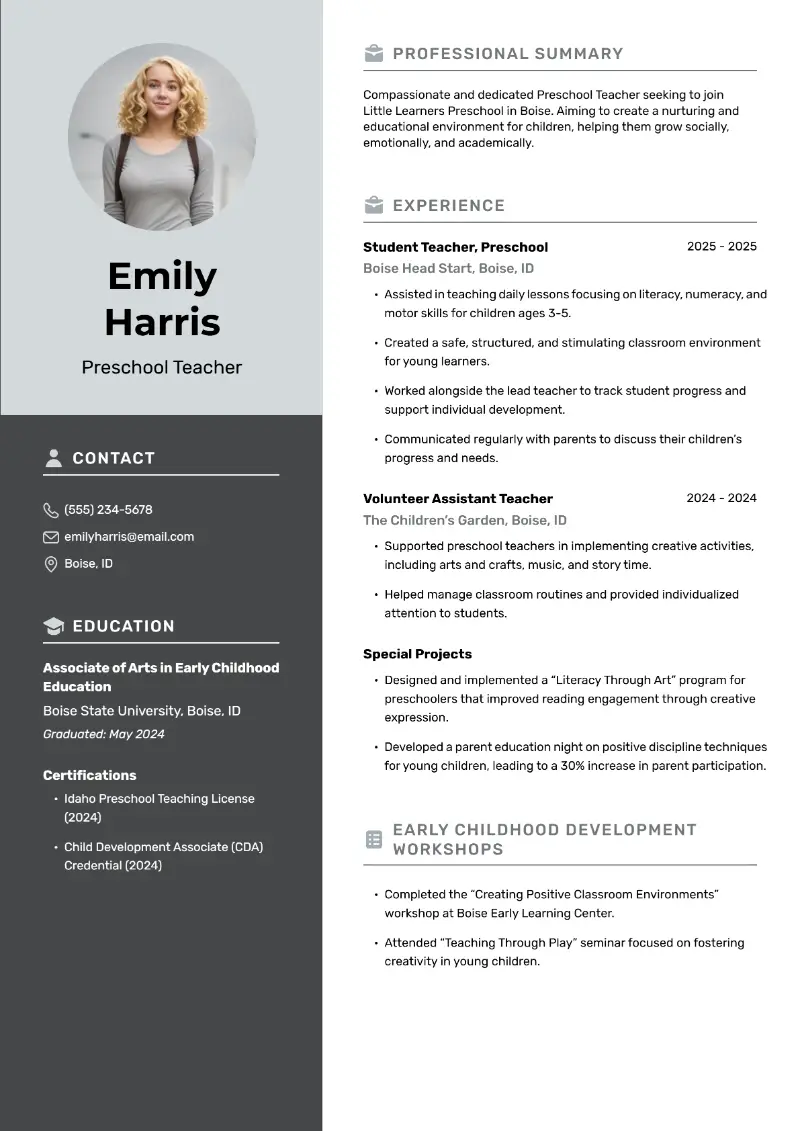 Preschool Teacher Resume