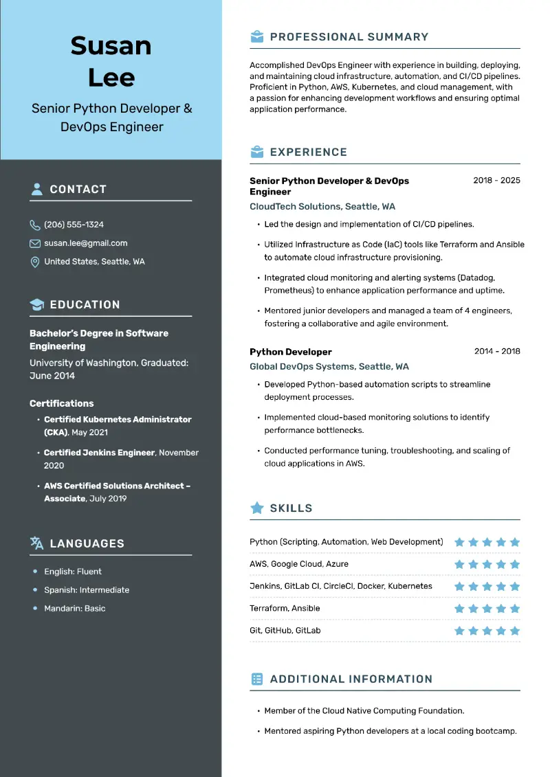 Senior Python Developer & DevOps Engineer Resume Senior Python Developer & DevOps Engineer Resume