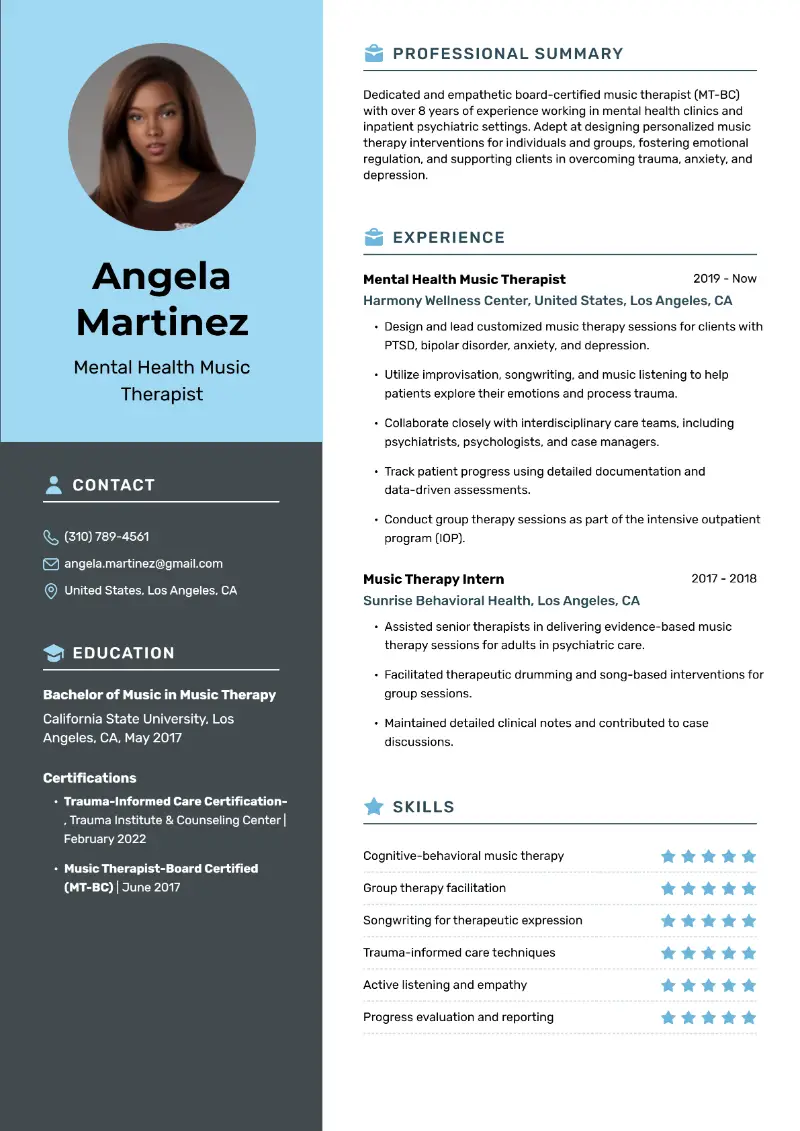 Music Therapist Resume Examples and Professional Tips 