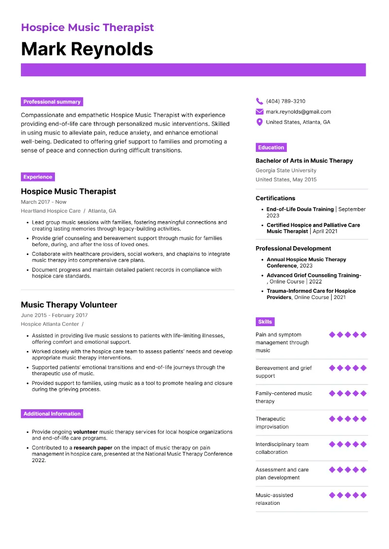 Hospice Music Therapist Resume