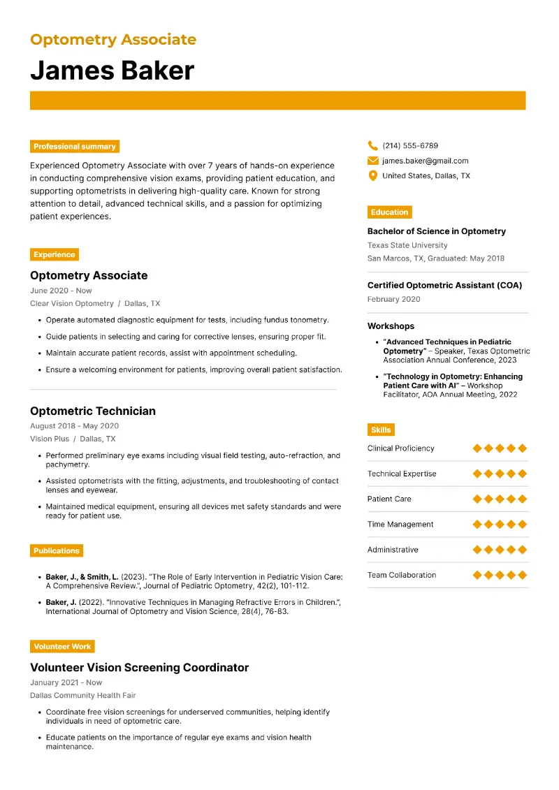 Optometry Associate Resume