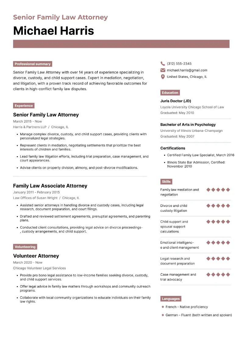 Senior Family Law Attorney Resume