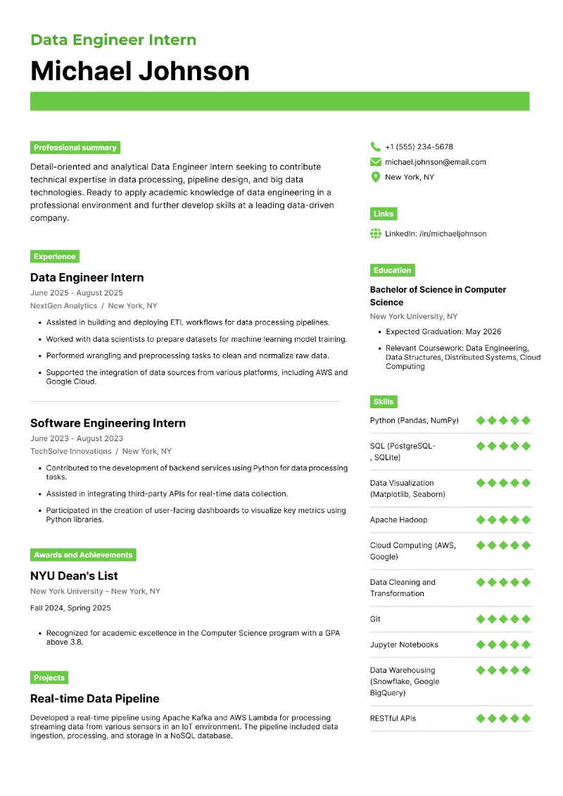 Data Engineer Intern Resume