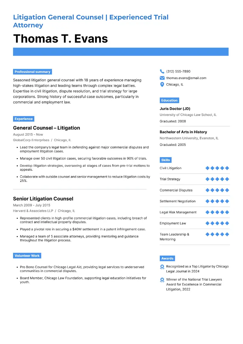 Litigation General Counsel | Experienced Trial Attorney Resume Litigation General Counsel | Experienced Trial Attorney Resume