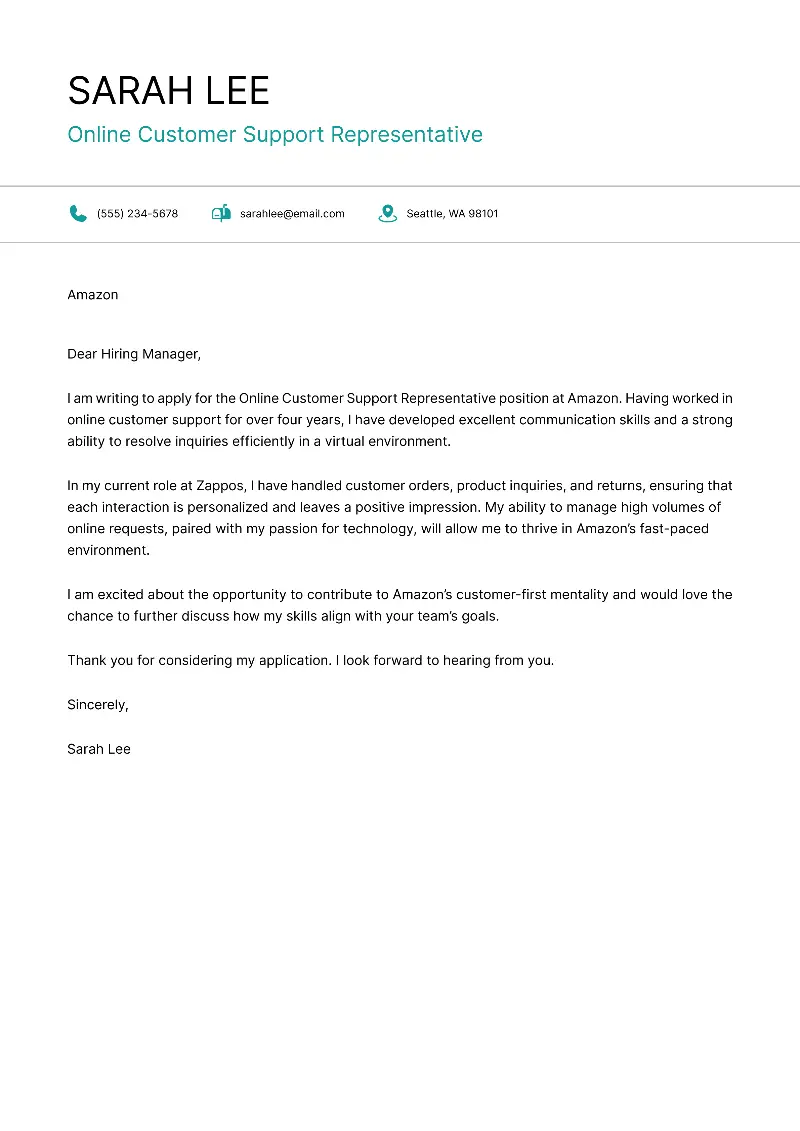 Online Customer Support Representative Cover Letter