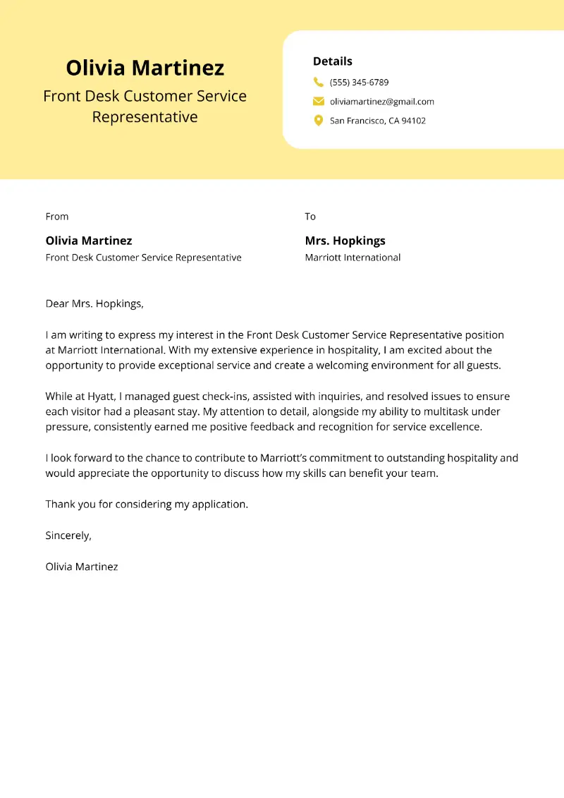 Front Desk Customer Service Representative Cover Letter