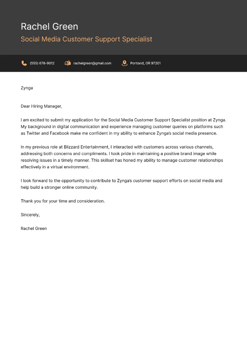 Social Media Customer Support Specialist Cover Letter