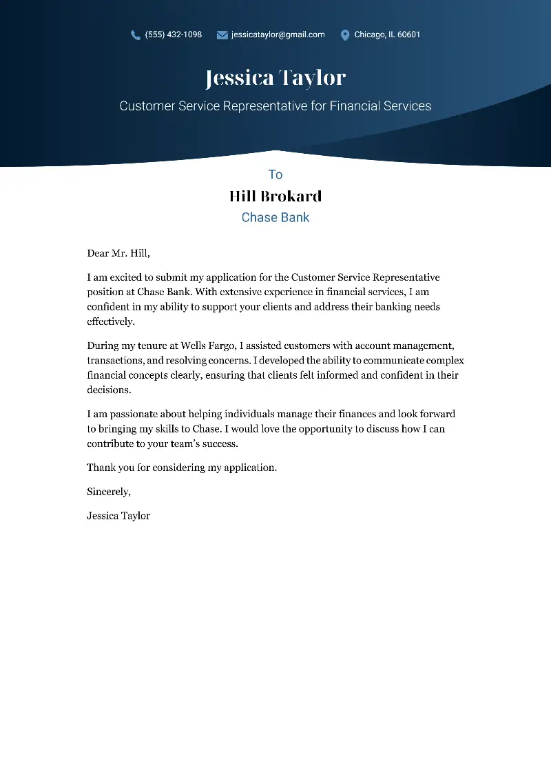 Customer Service Representative for Financial Services Cover Letter