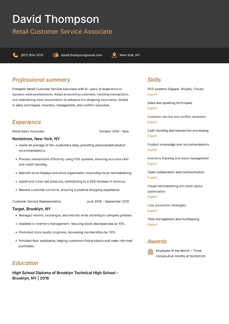 Retail Customer Service Associate Resume