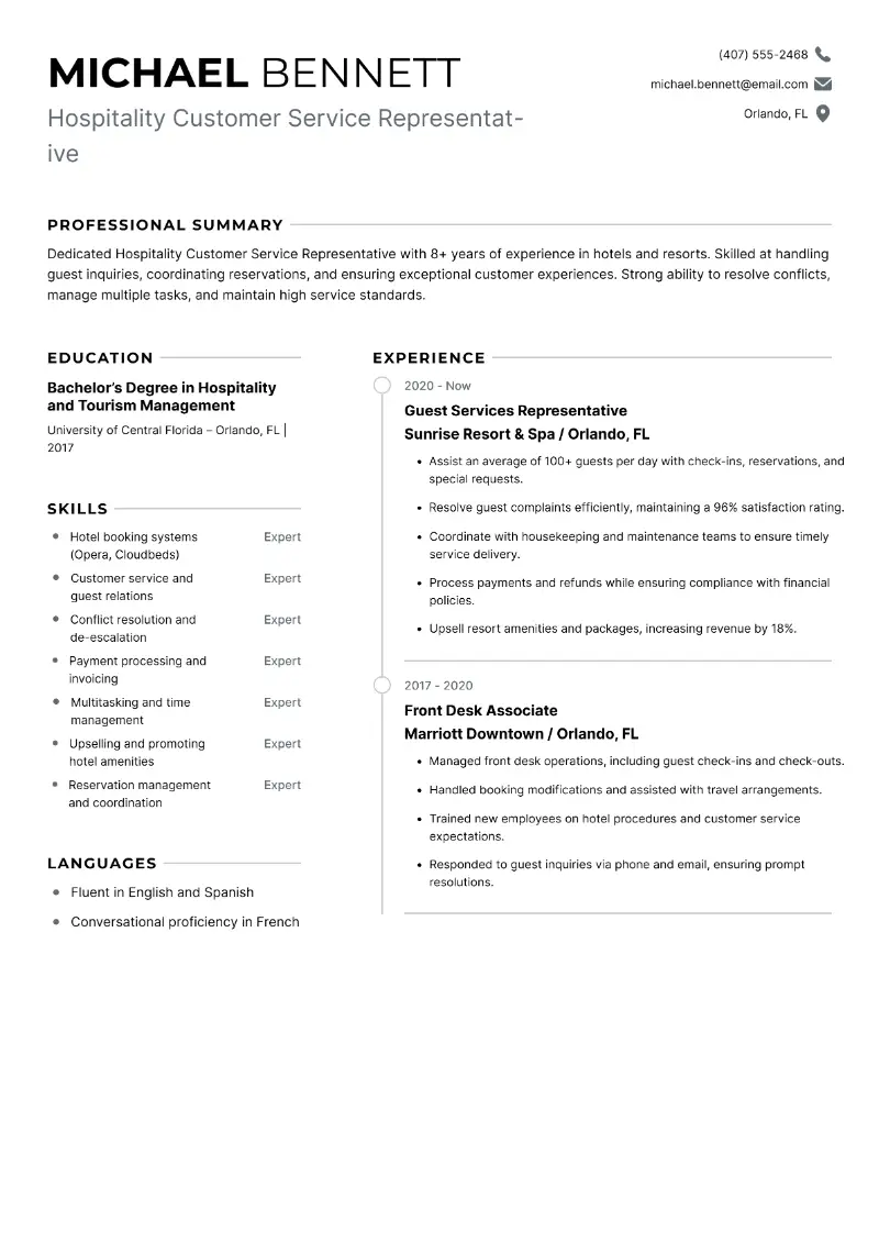 Hospitality Customer Service Representative Resume