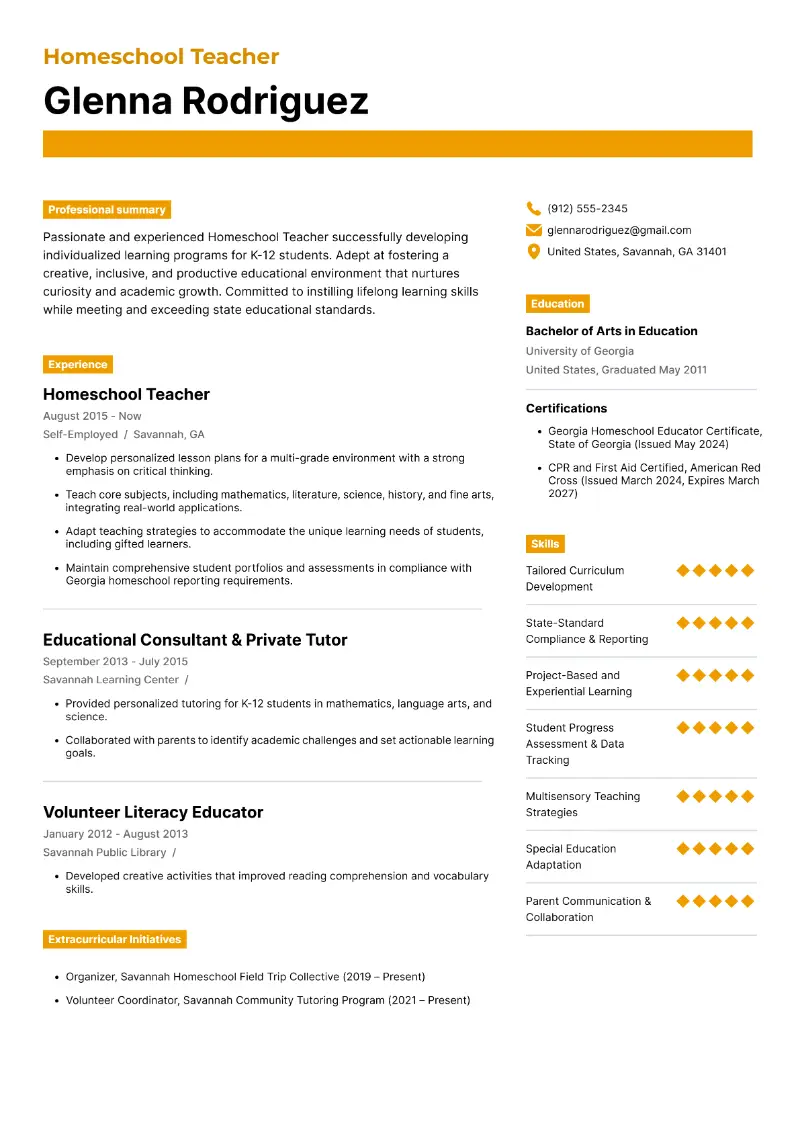 Homeschool Teacher Resume