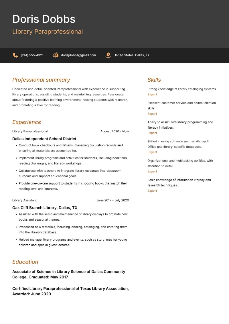 Library Paraprofessional  Resume