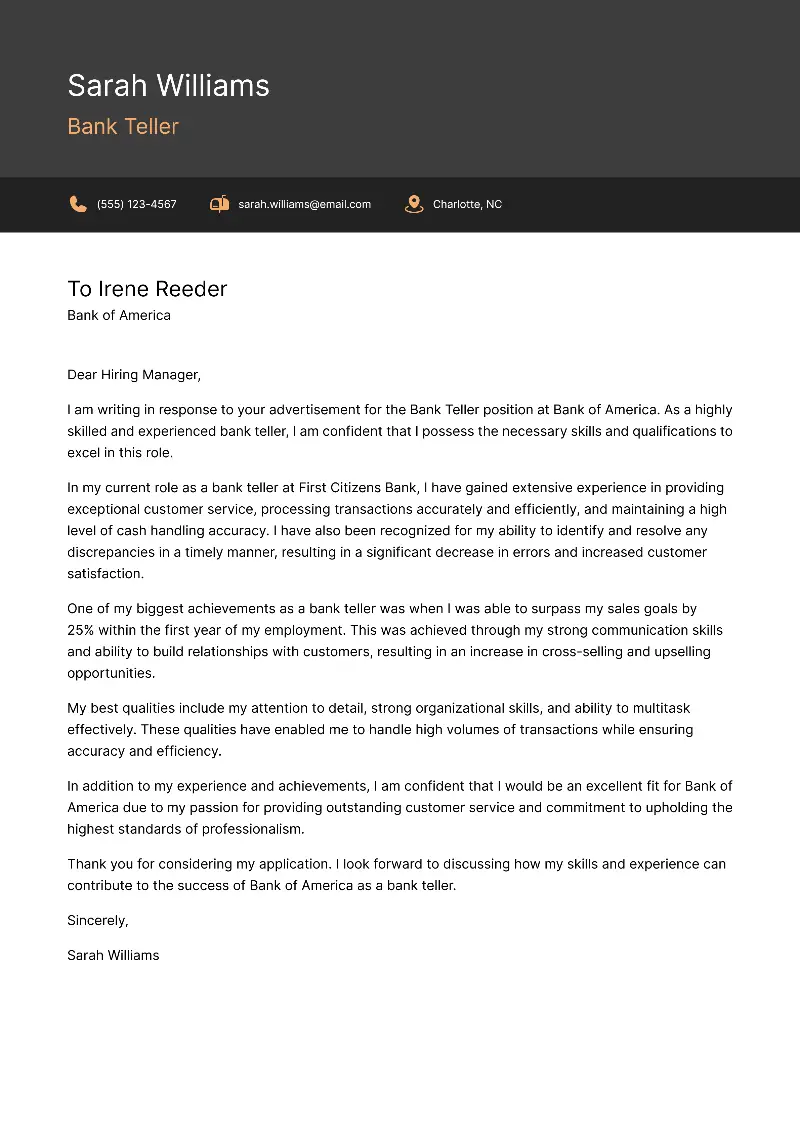 Bank Teller Cover Letter