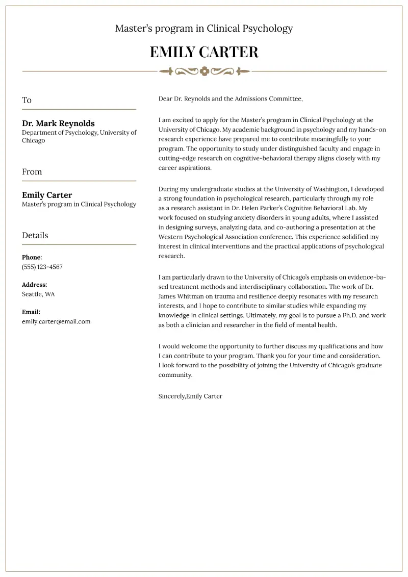 Master’s program in Clinical Psychology Cover Letter Master’s program in Clinical Psychology Cover Letter