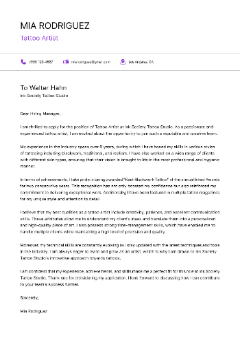 Tattoo Artist Cover Letter