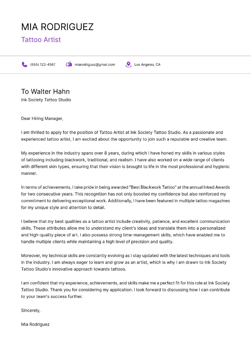 Tattoo Artist Cover Letter Tattoo Artist Cover Letter