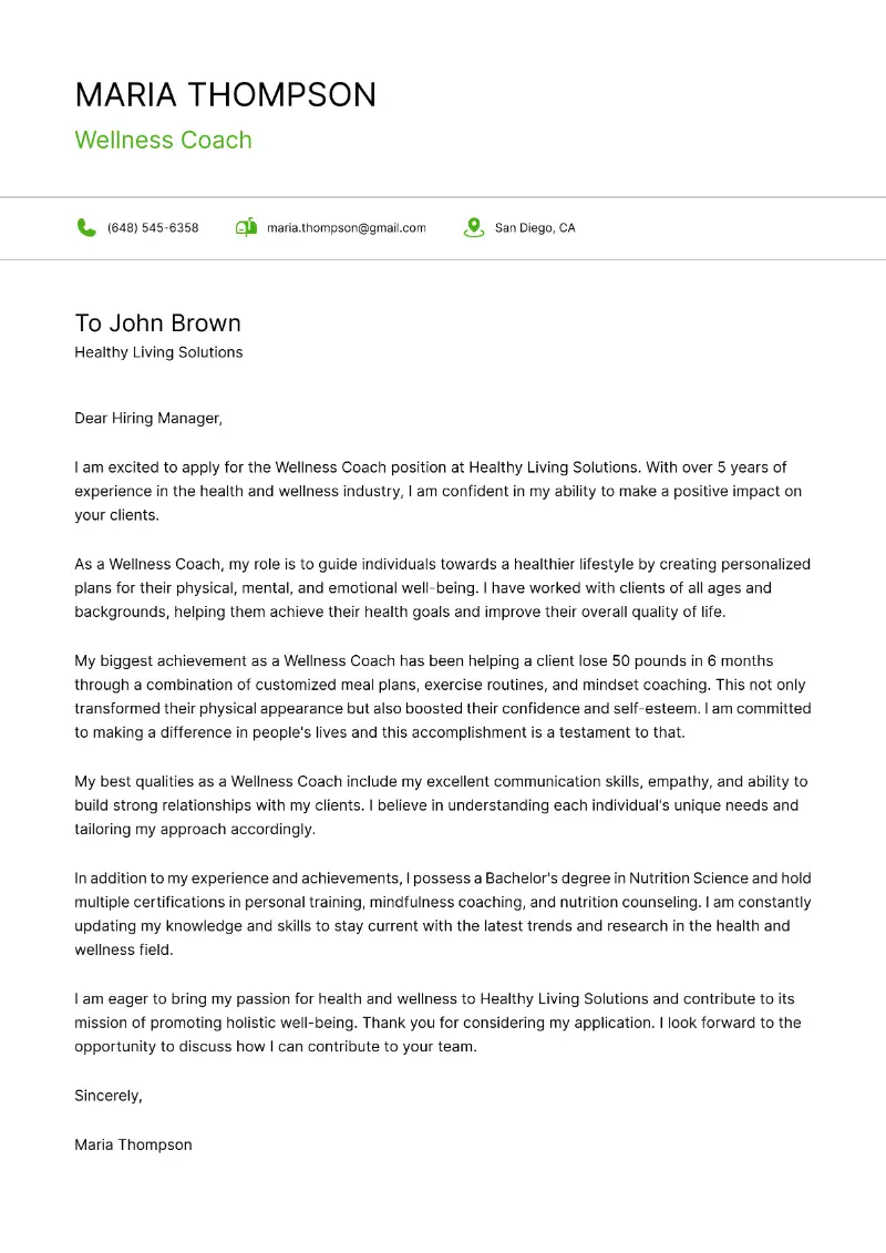 Wellness Coach Cover Letter Wellness Coach Cover Letter
