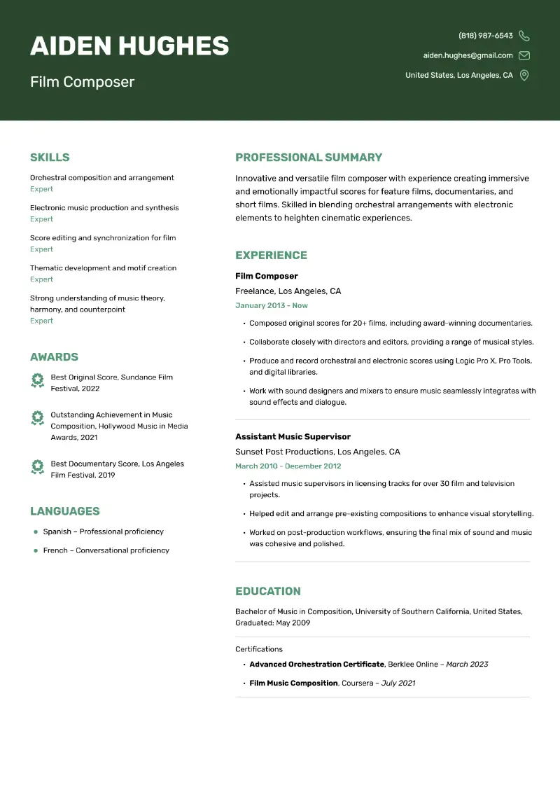 Film Composer  Resume Film Composer  Resume