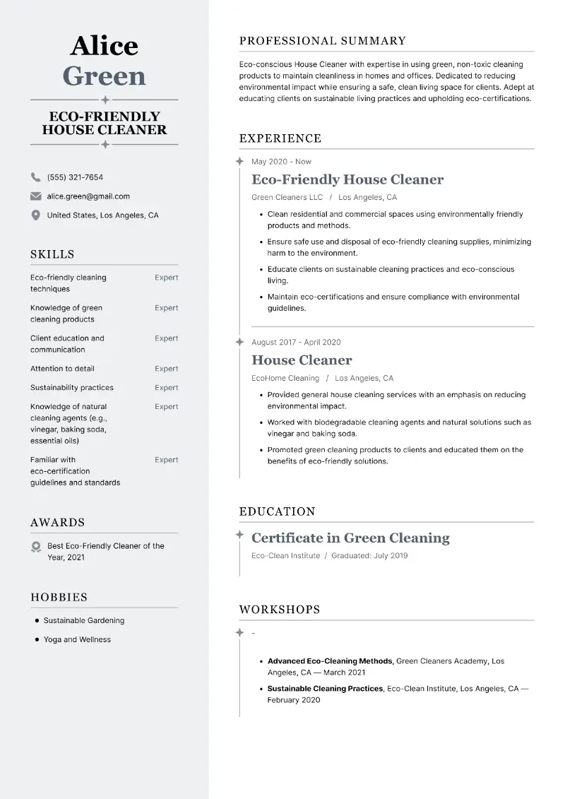 Eco-Friendly House Cleaner  Resume Eco-Friendly House Cleaner  Resume