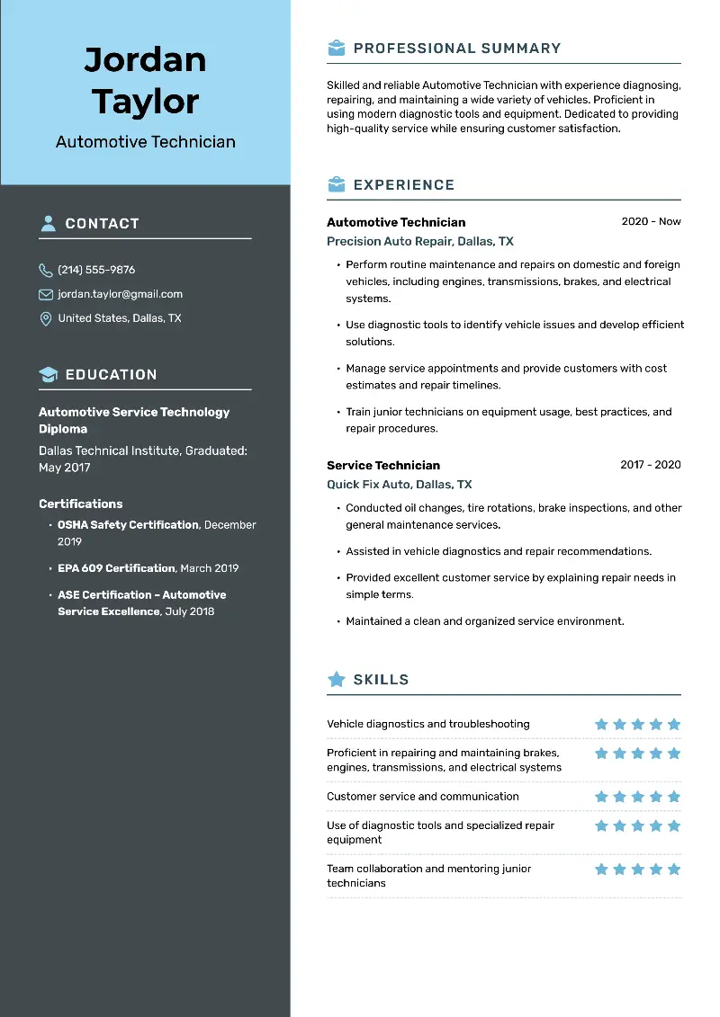 Automotive Technician Resume Examples and Templates 