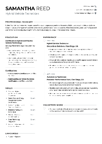 Hybrid Vehicle Technician  Resume