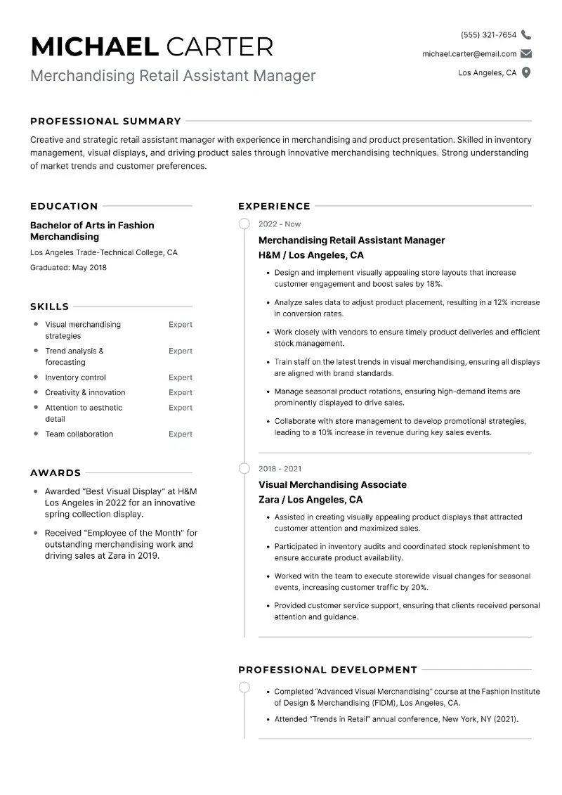 Merchandising Retail Assistant Manager Resume