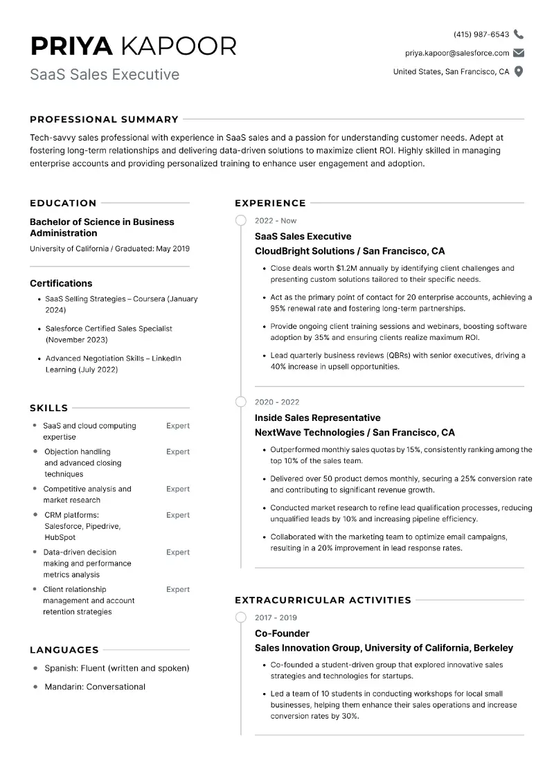 SaaS Sales Executive Resume SaaS Sales Executive Resume