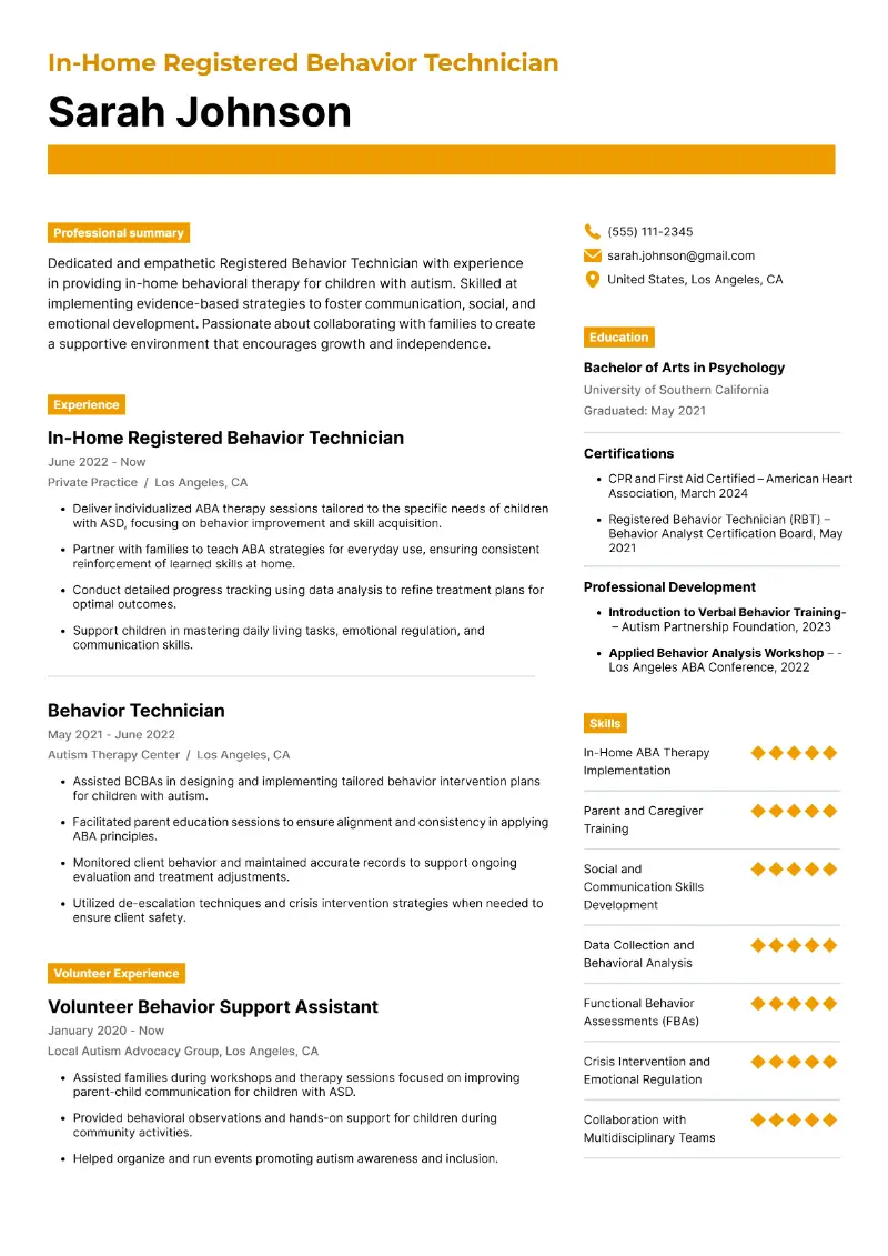 In-Home Registered Behavior Technician Resume