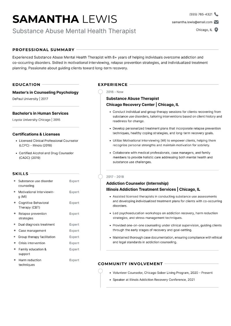 Substance Abuse Mental Health Therapist Resume