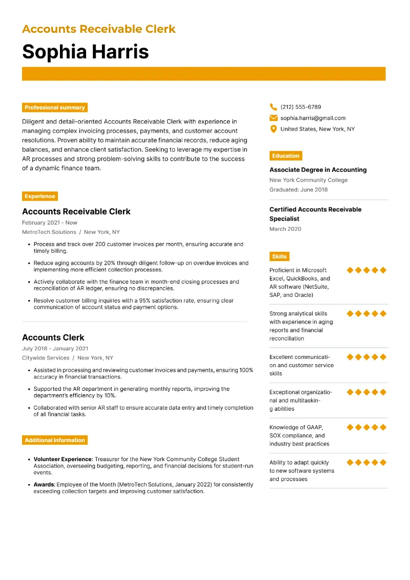 Accounts Receivable Clerk Resume